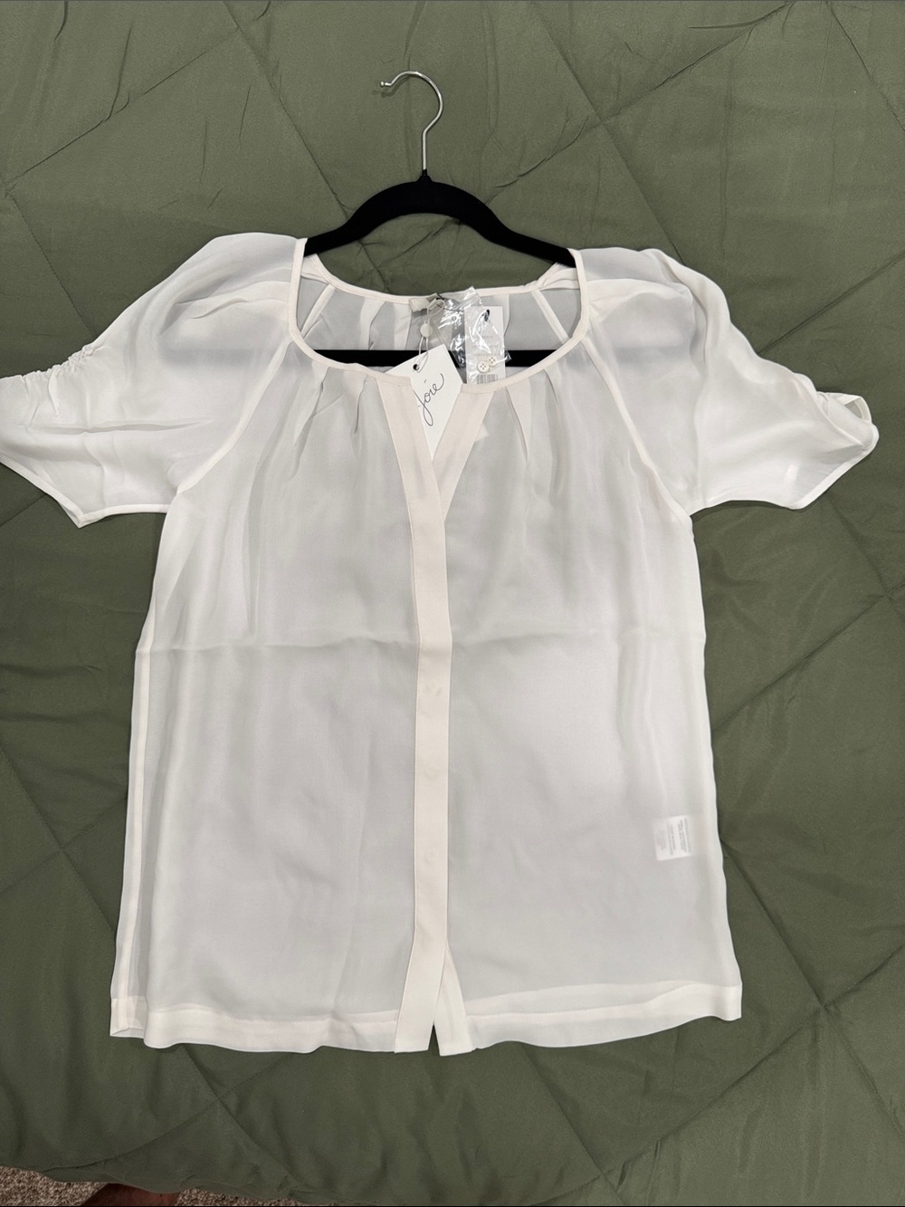 Joie White Sheer Button-Front Short Sleeve Blouse